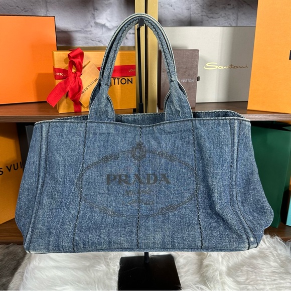 Prada Handbags - PRADA CANAPA Tote Bag, Large Tote, Handbag, Denim Canvas 100% AUTHENTIC!